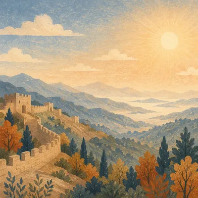 Sunrise Mountains with Winding Stone Wall
