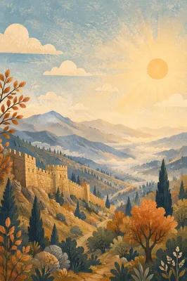Sunrise Mountains with Stone Wall Panorama