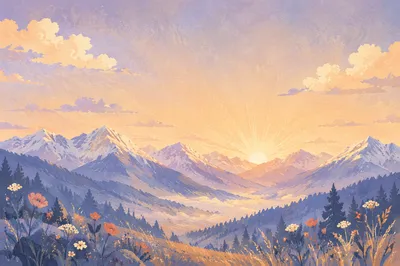 Panoramic Sunrise Over Snowy Mountain Range