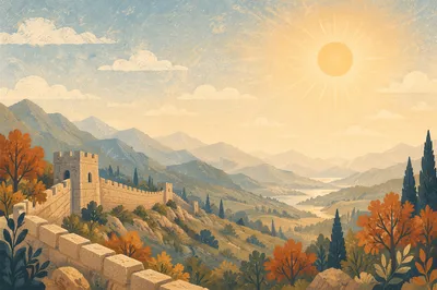 Panoramic Sunrise Mountains with Stone Wall