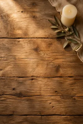 Rustic Wood Planks with Candle and Olive Branch
