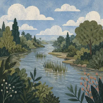 Peaceful Wetland River Under Soft Cloud Sky