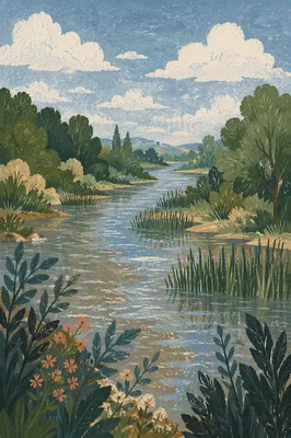 Peaceful Wetland River Under Soft Cloud Sky