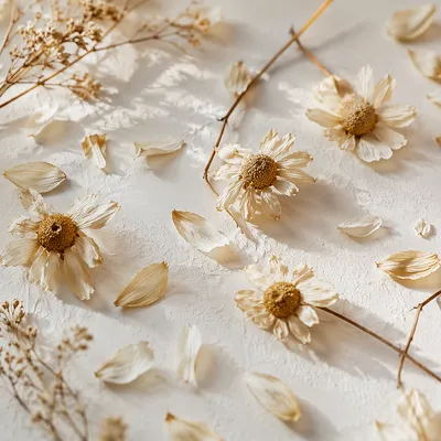 Dried Petals on White Botanical Background