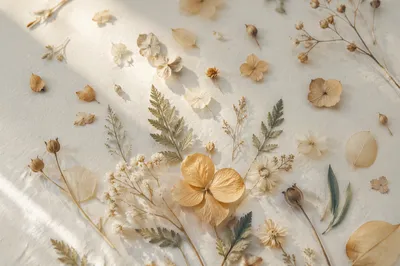 Dried Petals on White Botanical Background