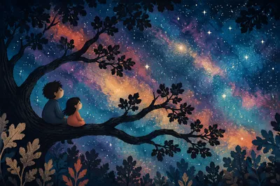 Purple Nebula Through Night Forest Canopy