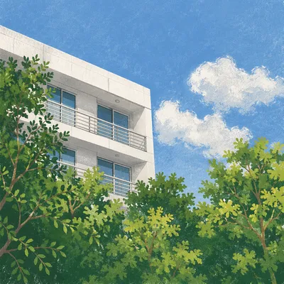 Modern White Facade Behind Green Trees