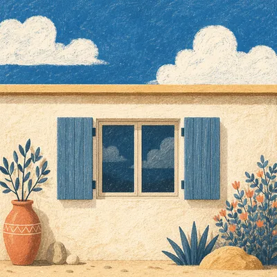 Minimal Mustard Wall With Blue Sky Window
