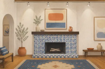 Minimal Blue Geometric Fireplace Gallery Interior