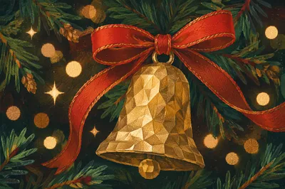 Gold Bell Ornament Festive Evergreen Background