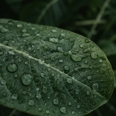 Rain Droplets on Green Leaf Veins