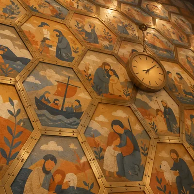 Golden Hexagonal Honeycomb Ceiling With Clock