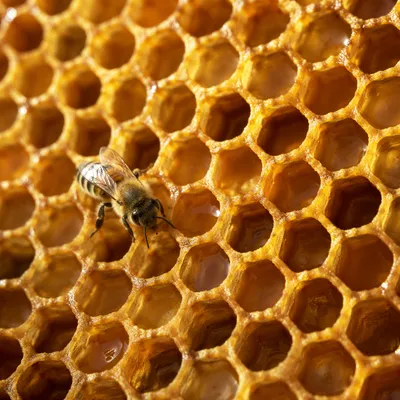 Golden Honeycomb Macro Texture with Honeybee
