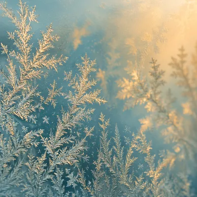 Golden Morning Frost Crystals on Winter Glass