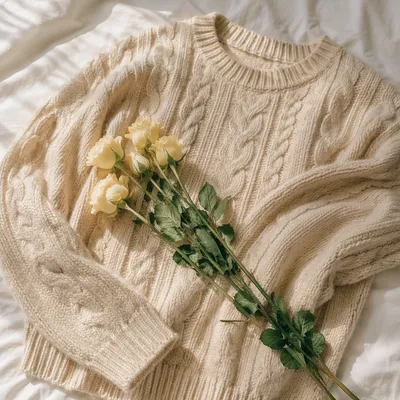 Cozy Cable Knit Sweater with Yellow Roses