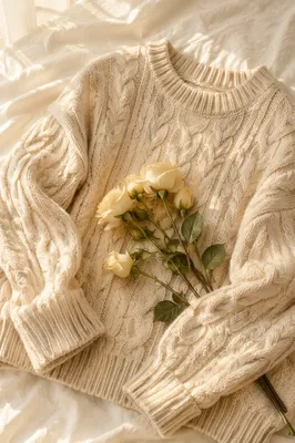 Cozy Cable Knit Sweater With Pale Roses
