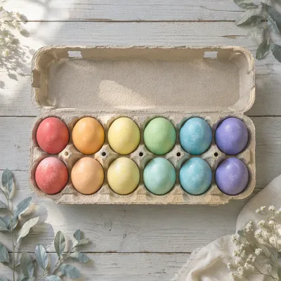 Pastel Rainbow Easter Eggs on Wooden Planks