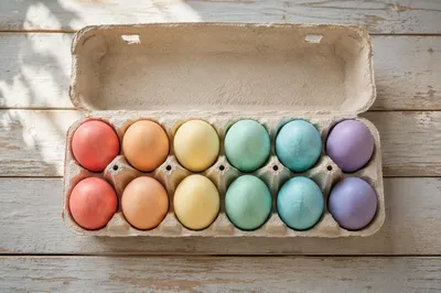 Pastel Rainbow Easter Eggs on Wooden Planks