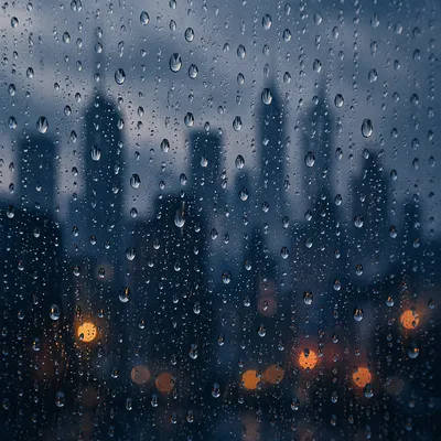 Moody Raindrops on Twilight Window