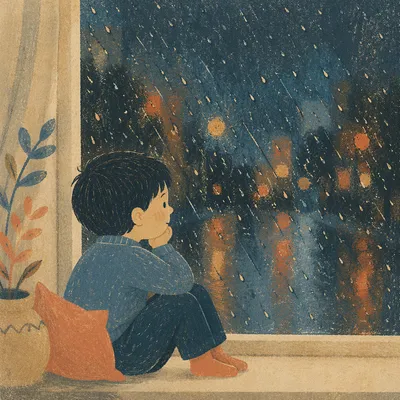 Moody Raindrops on Blurred Window Background