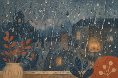 Moody Raindrops on Blurred Window Background