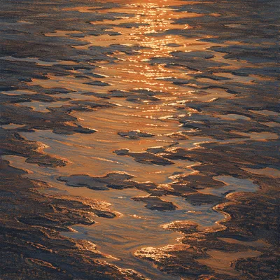 Golden Sunset Reflection on Beach Sand