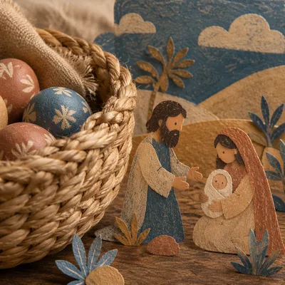 Rustic Woven Basket Texture with Easter Eggs