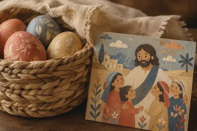 Natural Woven Basket Texture with Easter Eggs