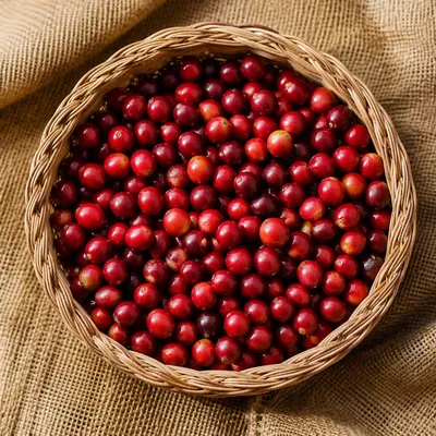 Woven Basket of Red Coffee Cherries