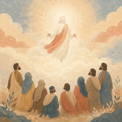 Jesus Ascending Above Clouds as Disciples Watch