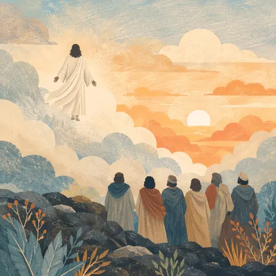 Jesus Ascending Above Clouds at Dawn