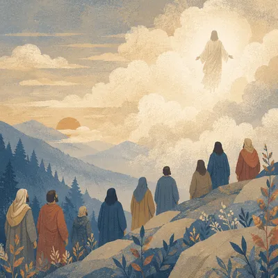 Jesus Ascending Above Clouds Before Disciples