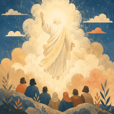 Jesus Ascending Above Disciples in Radiant Clouds