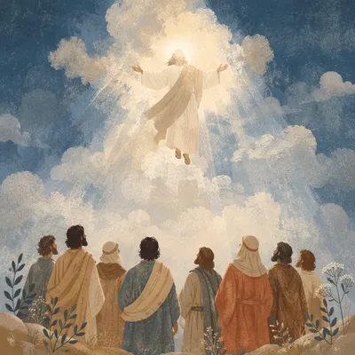 Jesus Ascending Above Clouds Before Disciples