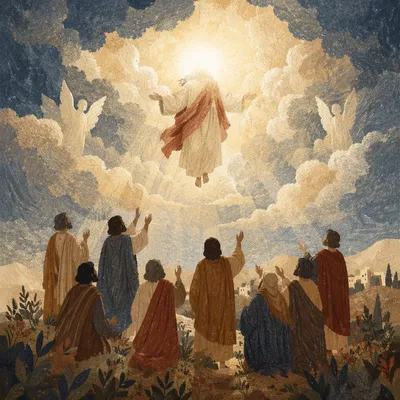 Jesus Ascending Through Clouds Before Disciples