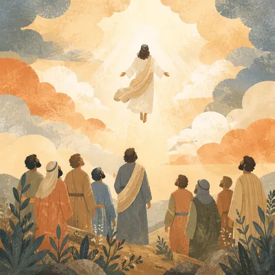 Jesus Ascending at Dawn Above Disciples