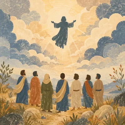 Jesus Ascending Above Disciples at Dawn