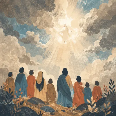 Jesus Ascending Above Disciples in Storm Clouds