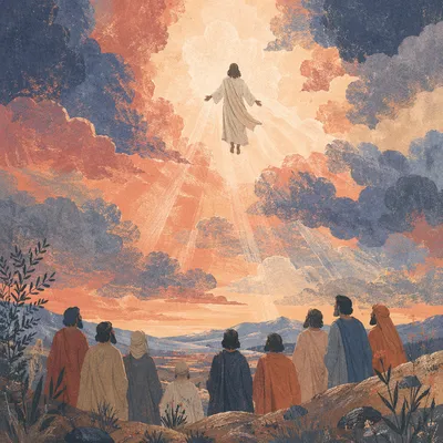 Jesus Ascending Above Disciples at Sunset