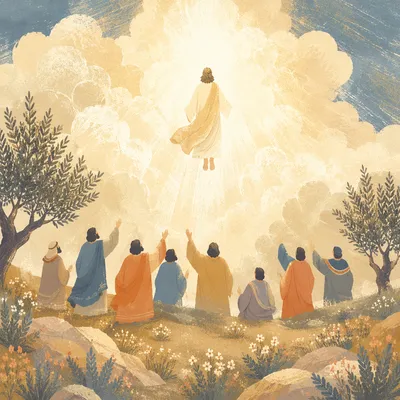 Jesus Ascending Above Awe Struck Disciples