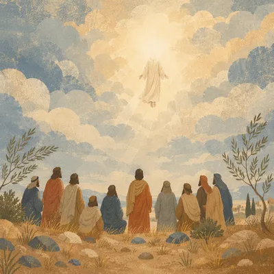 Ascension of Jesus Above Watching Disciples