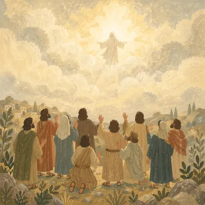 Jesus Ascending Above Disciples at Dawn