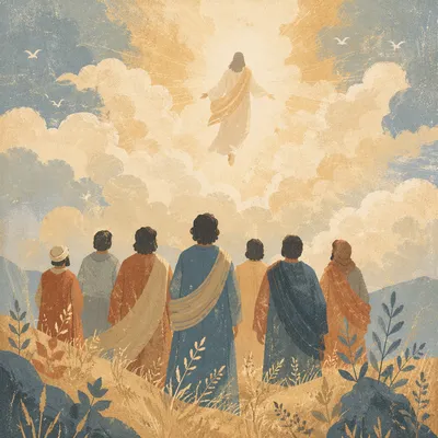 Jesus Ascending Above Disciples at Dawn