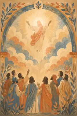 Jesus Ascending Above Clouds as Disciples Watch