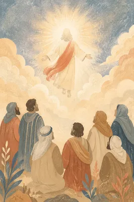 Jesus Ascending Above Clouds Before Disciples