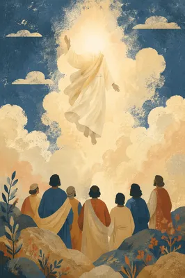 Jesus Ascending Through Clouds Before Disciples