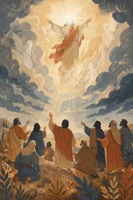 Jesus Ascending Above Disciples in Radiant Clouds