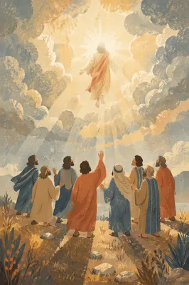 Jesus Ascending Above Clouds at Dawn