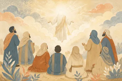 Jesus Ascending Above Clouds Before Disciples