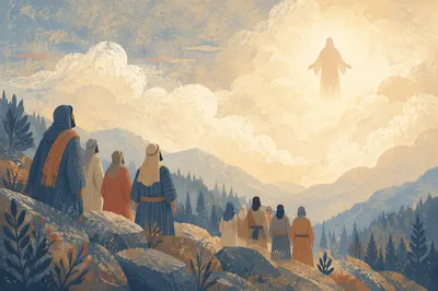 Jesus Ascending Above Clouds as Disciples Watch